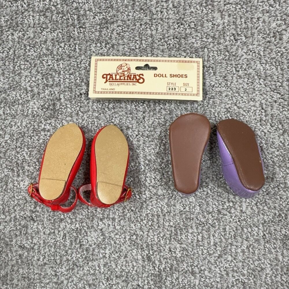 Vintage Tallinas Doll Shoes Lot 2 Pairs Red T Strap Purple Mary Jane Size 2 - Picture 2 of 4